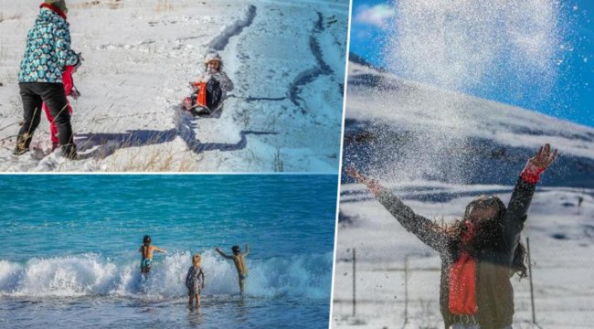 Antalya'da bir günde iki mevsim: Bir yanda kar, diğer yanda deniz keyfi